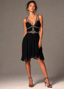 Mandalay Black Silk Beaded Embellished Mini Dress Size 12 NWT